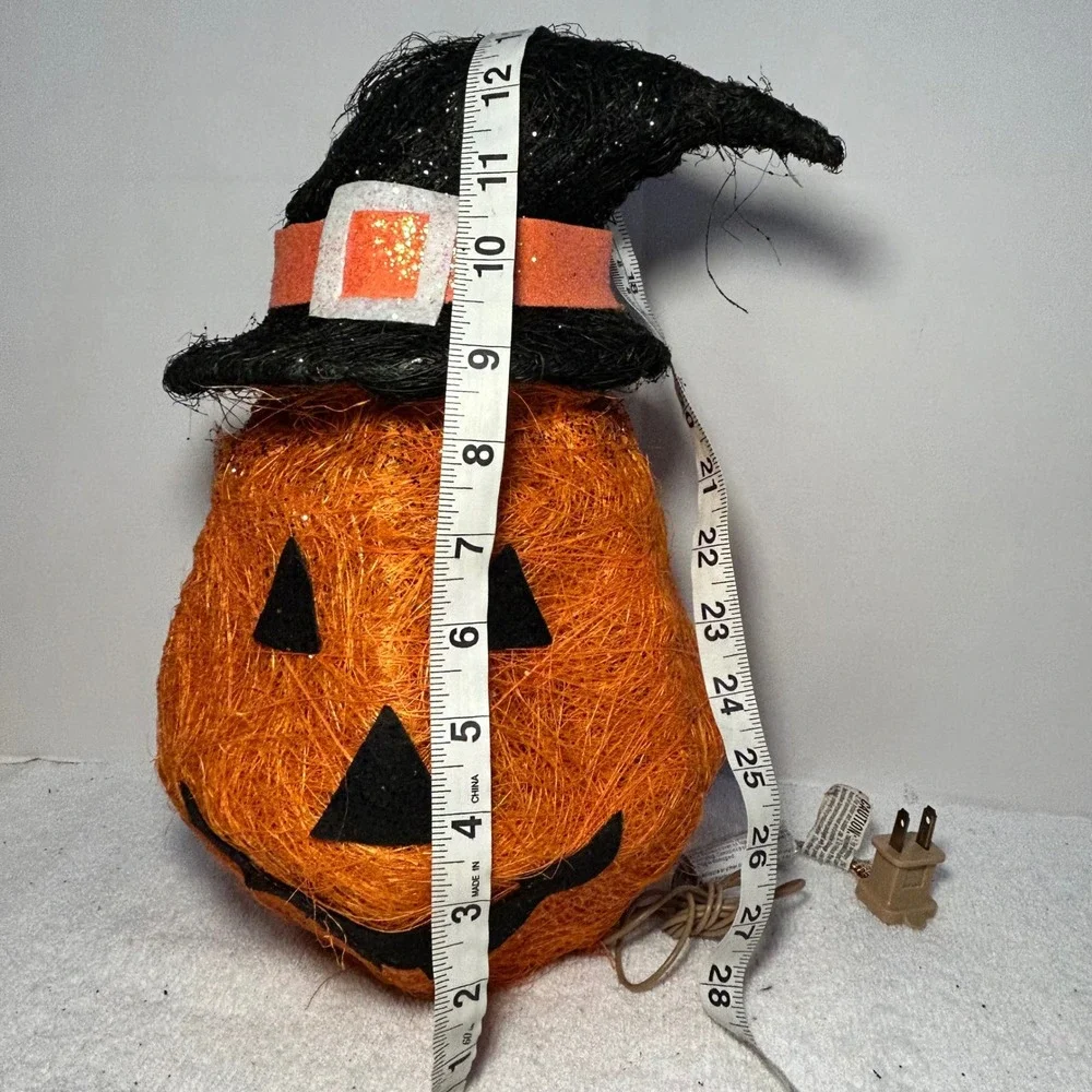 Halloween Lighted Spun String Pumpkin Jack-O-Lantern with Witch Hat Decoration